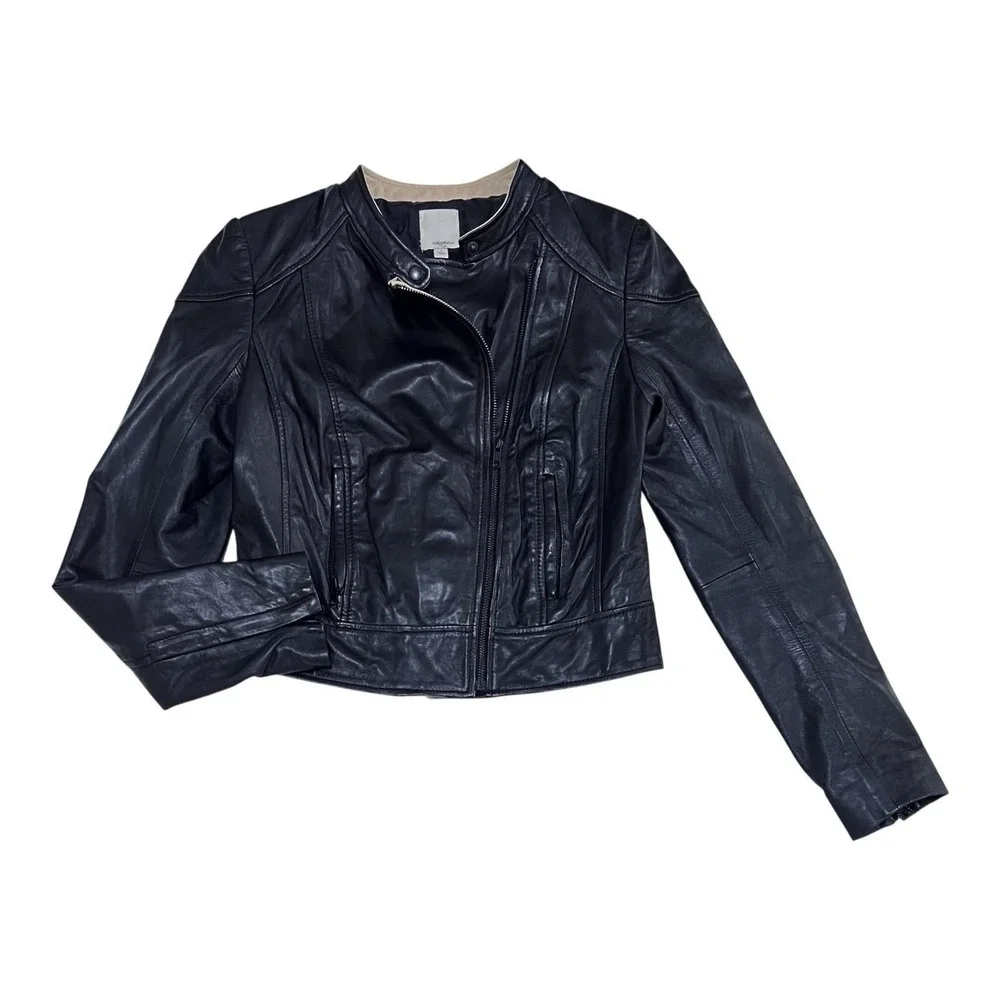 HALOGEN‎ Black Soft Leather Moto Jacket Cropped Fit Womens Small RETAIL $378